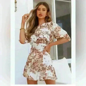 NWT Indikah sz S Brown and White Bishop Sleeve Midi Sundress